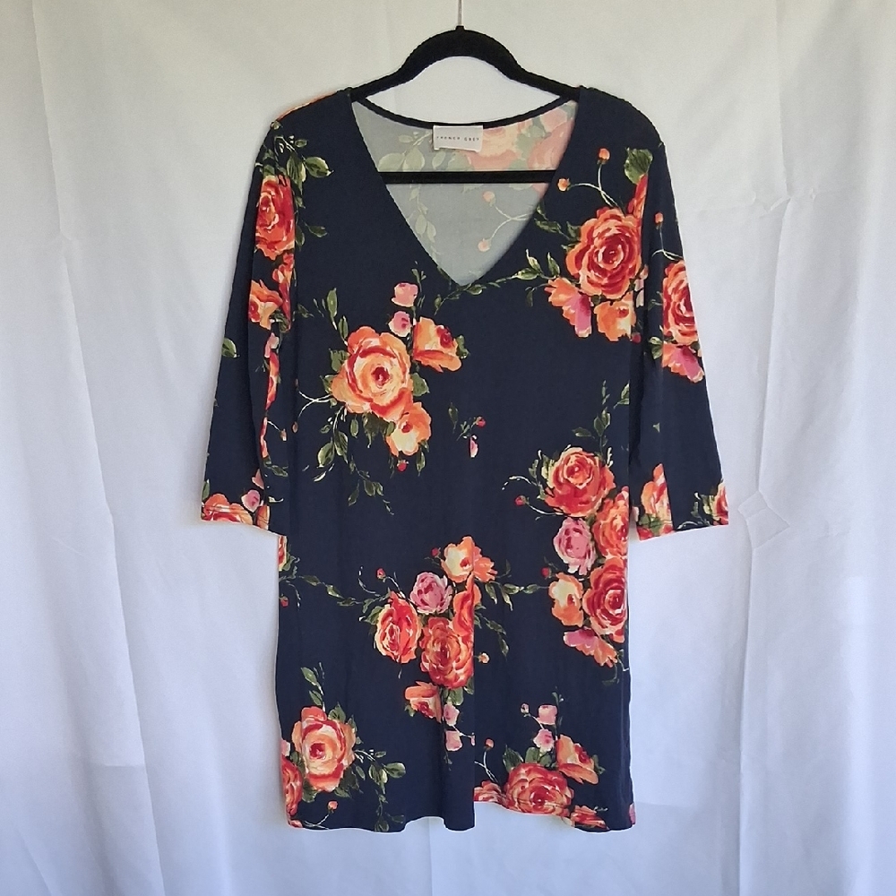 French Grey Floral Mini Dress M Navy Red